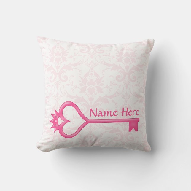 Pink Crown Heart Key Throw Pillow (Front)