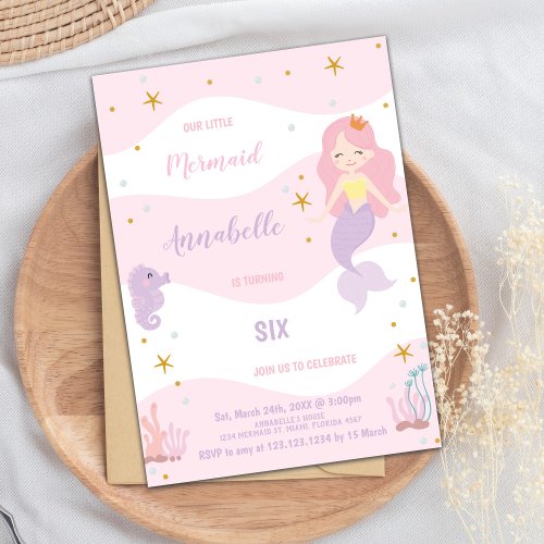 Pink Crown Mermaid Birthday Invitations