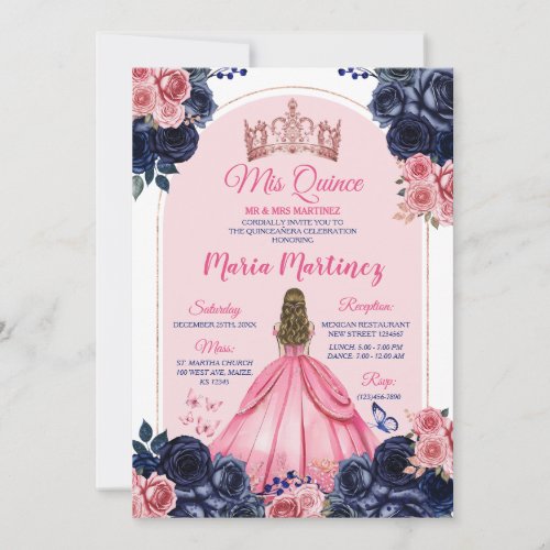 Pink Crown  Navy Blue Floral Princess Mis Quince Invitation
