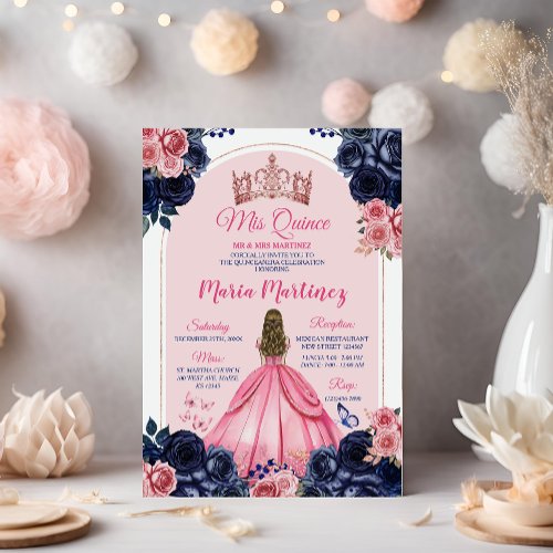 Pink Crown  Navy Blue Floral Princess Mis Quince Invitation