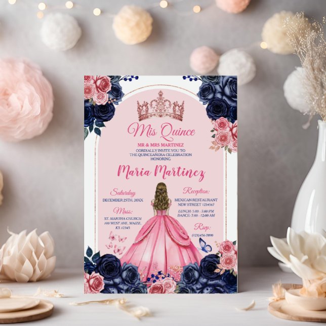 Pink Crown & Navy Blue Floral Princess Mis Quince Invitation (Creator Uploaded)