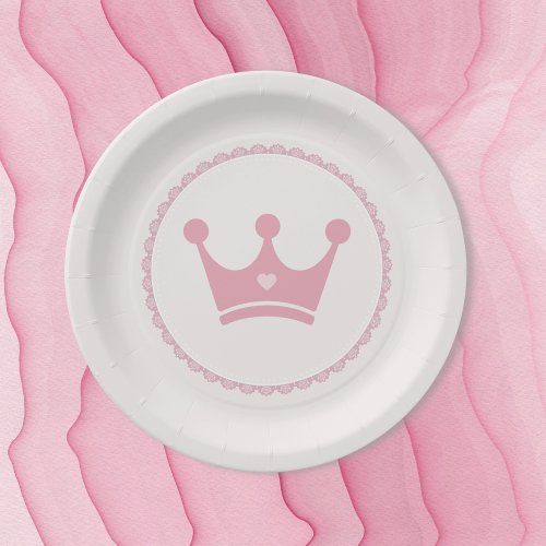 Pink Crown Princess Lace Pastel Watercolor Paper Plates