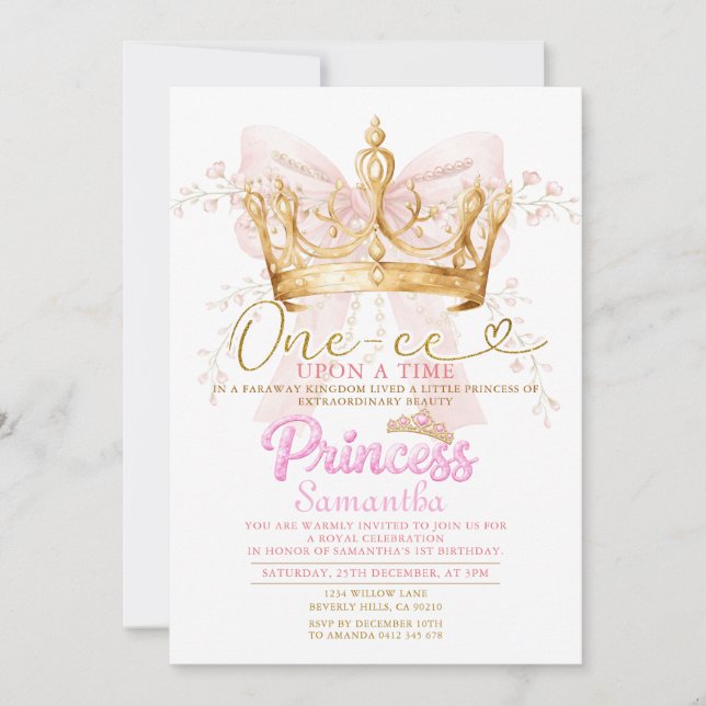 PINK CROWN Princess One-ce Upon a Time Invitation (Front)