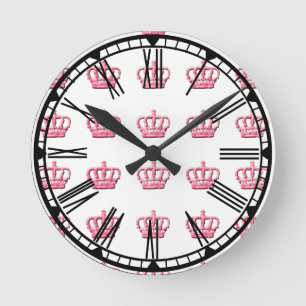 Pink Crowns and Roman Numerals Wall Clock