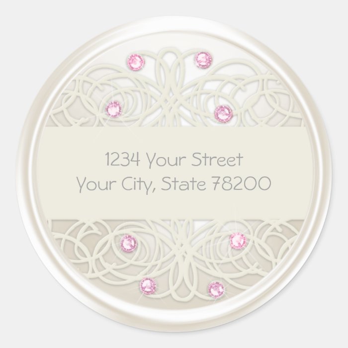 Pink Crystal and Pearl Damask Return Address Seal Round Stickers