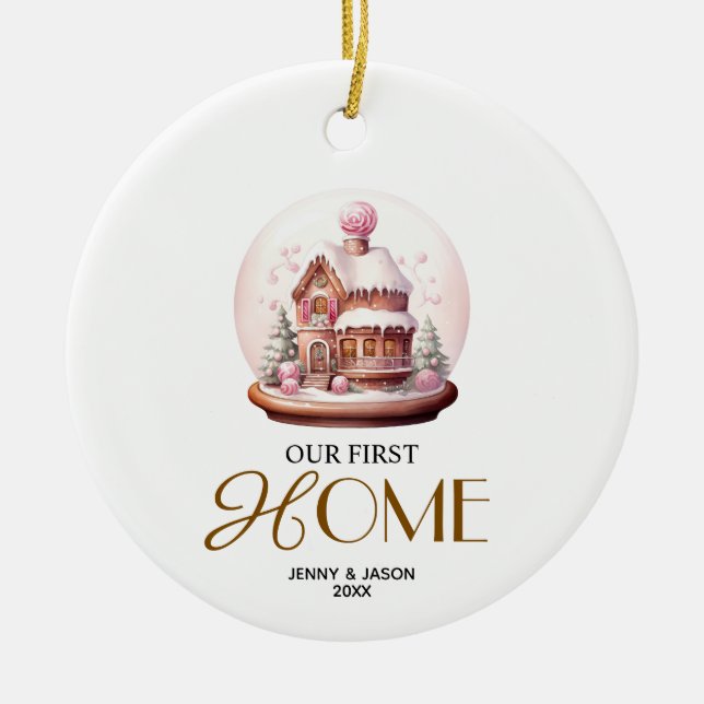 Pink Crystal Ball Christmas Couples Our First Home Ceramic Ornament (Front)