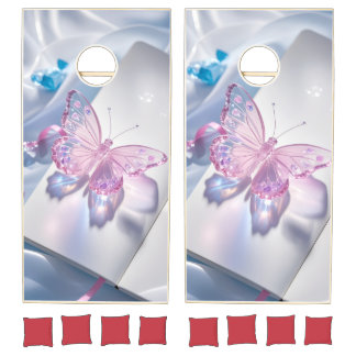 Pink Crystal Butterfly Shiny Pastel Cornhole Set