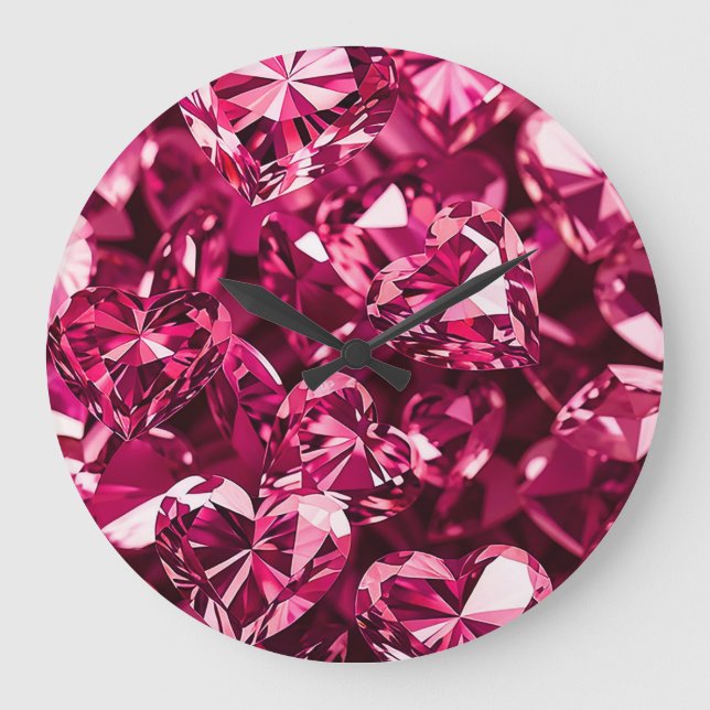 Pink Crystal Diamond Hearts Large Clock (Front)