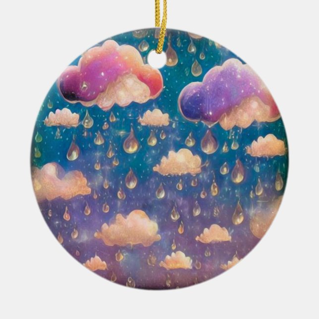 Pink Crystal Rain Clouds Ceramic Ornament (Front)