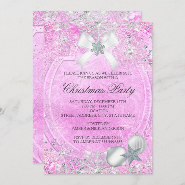 Pink Crystal Snowflake Bow Christmas Party Invite (Front/Back)