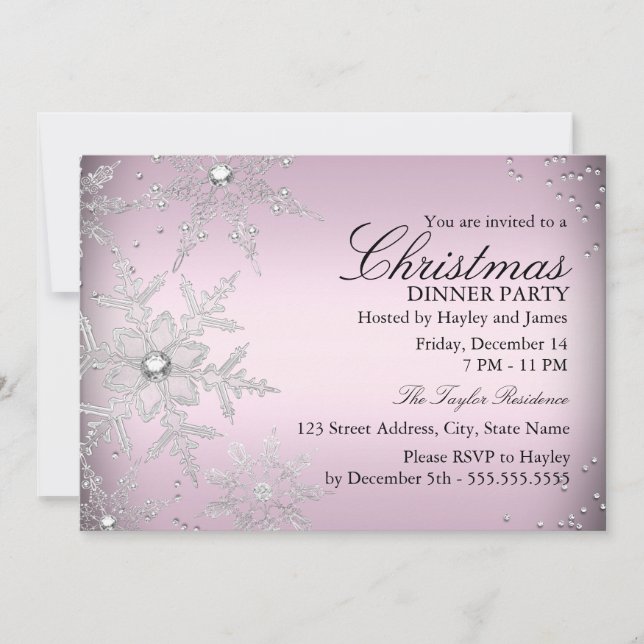 Pink Crystal Snowflake Christmas Dinner Party Invitation (Front)