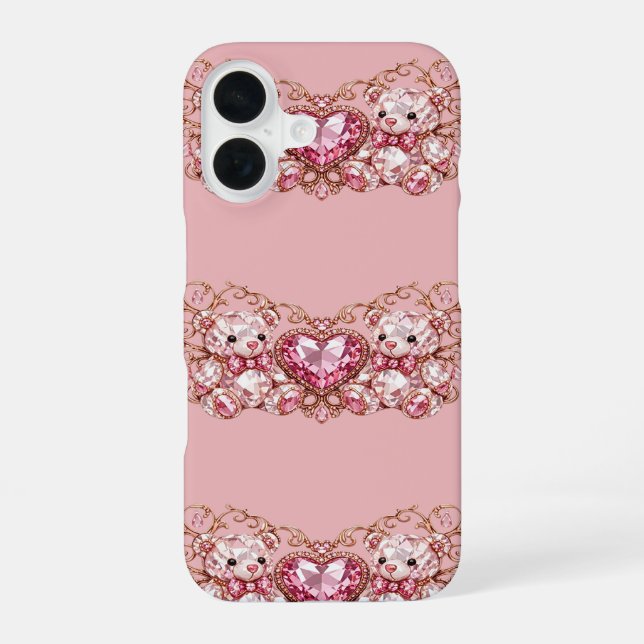 Pink Crystal Teddy Bears with Gem Heart iPhone Case (Back)