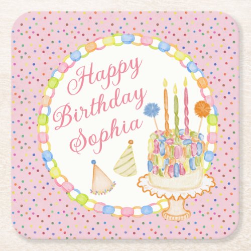 Pink Cue the Confetti Birthday Party Dessert Square Paper Coaster