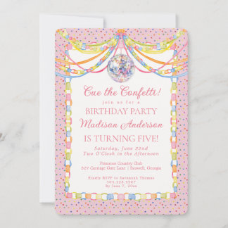 Pink Cue the Confetti Paper Chain Birthday Party Invitation