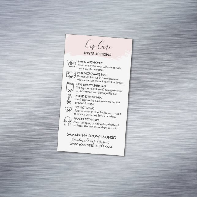 Pink Cup Care Instruction Customizable Business Card Magnet (In Situ)