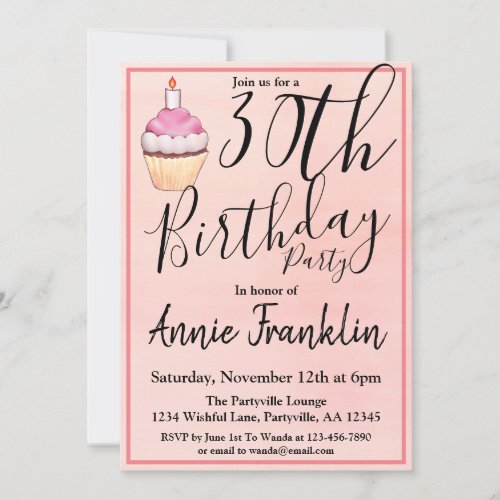 Pink Cupcake 30th Birthday Party Invitation