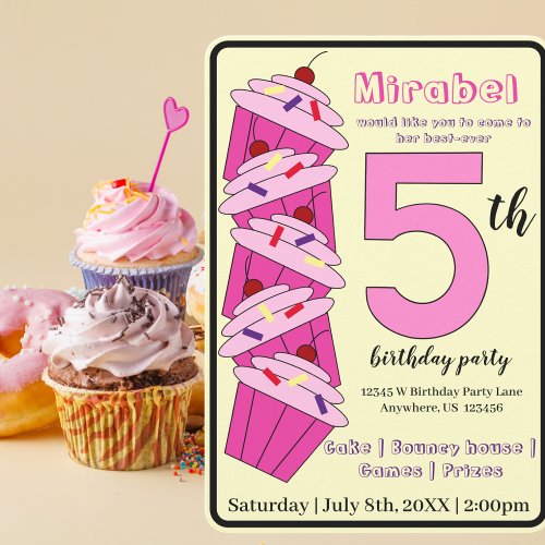 Pink Cupcake 5th Birthday Party Kids Invitation