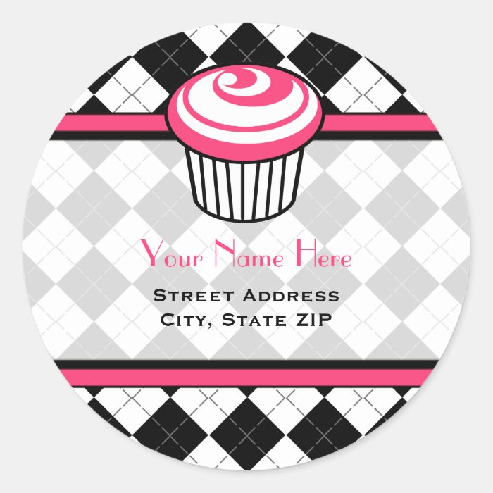 Pink Cupcake Address Label   Black Argyle Stickers