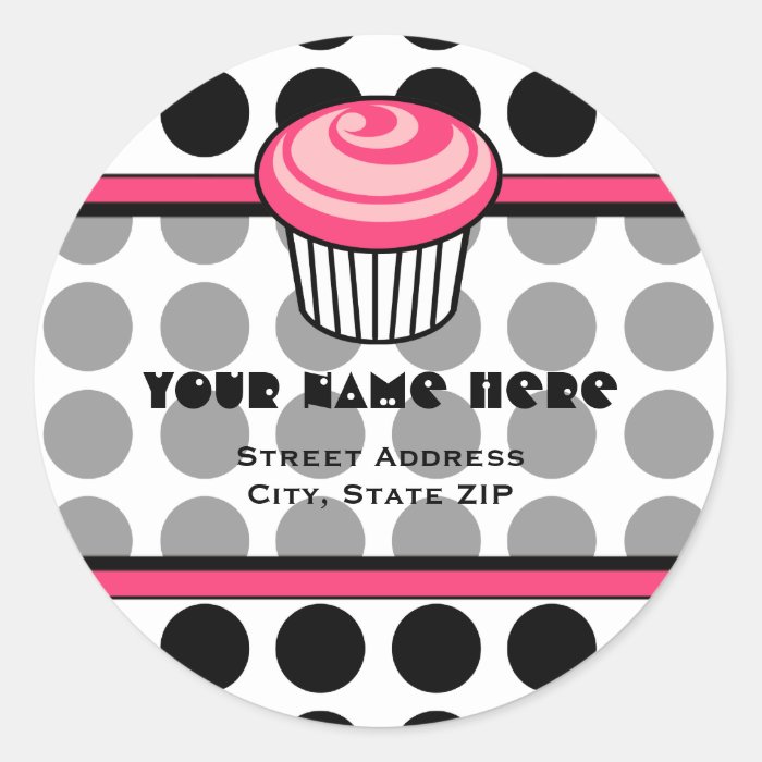 Pink Cupcake Address Label   Black Polka Dot Sticker