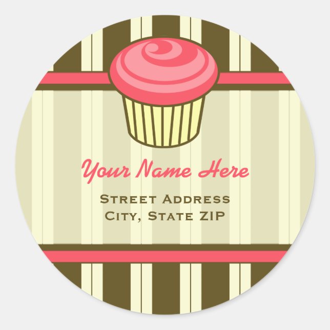 Pink Cupcake Address Label - Brown Stripes (Front)