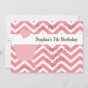 Pink Cupcake and Chevron Birthday Invitation