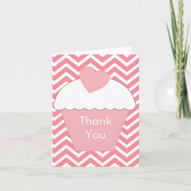 Pink Cupcake and Chevron Letterpress Thank You Card (Front)
