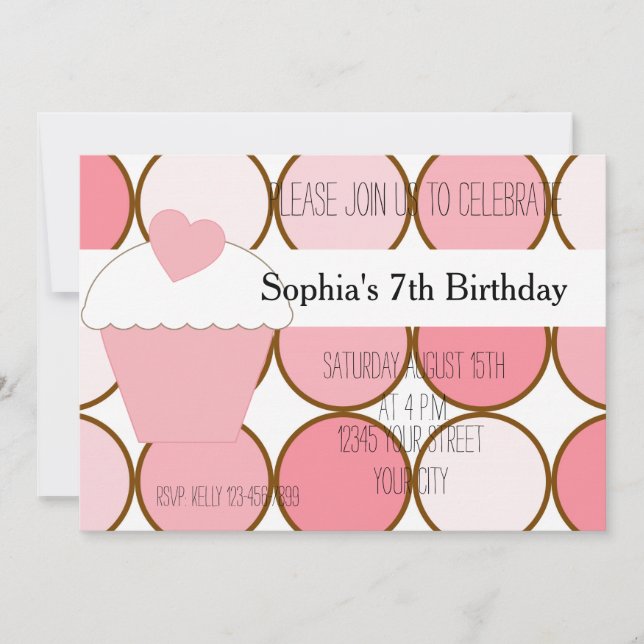 Pink Cupcake and Dots Birthday Invitation (Front)