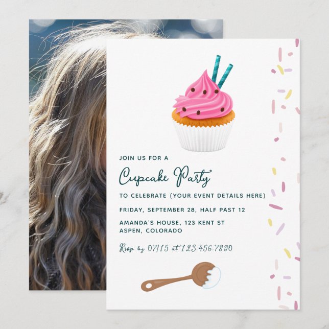 Pink Cupcake and Sprinkles Birthday Party Photo Invitation (Front/Back)