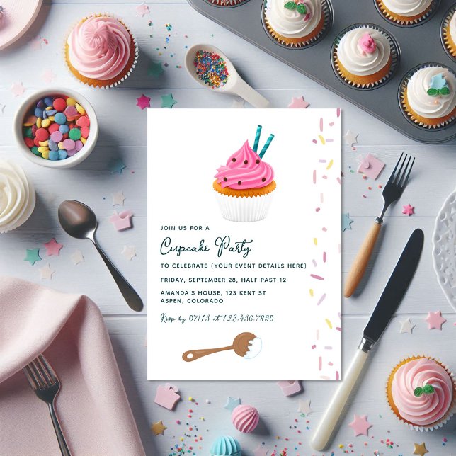 Pink Cupcake and Sprinkles Birthday Party Photo Invitation (Pink Cupcake and Sprinkles Birthday Party Photo Invitation)