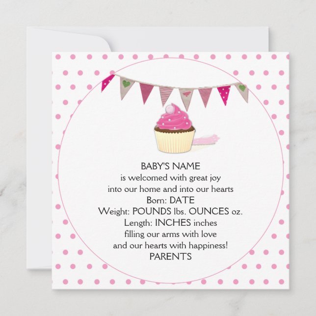 Pink Cupcake Baby Announcement (Front)