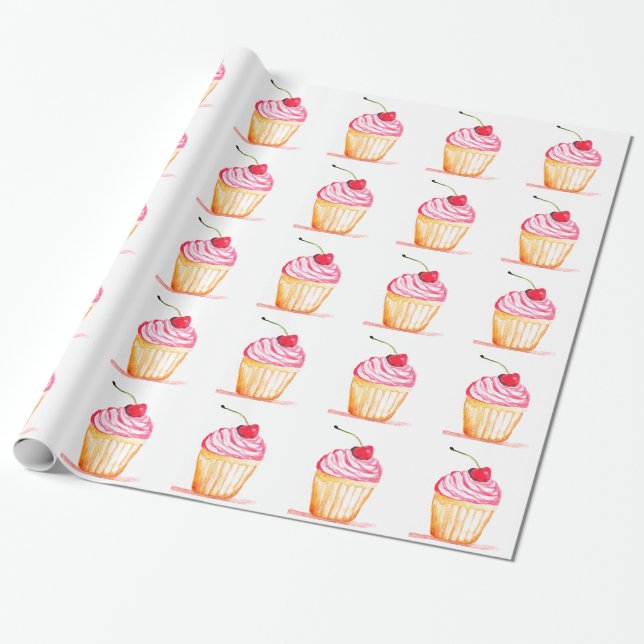 Pink cupcake Baking Cute Pattern Kids Wrapping Paper (Unrolled)