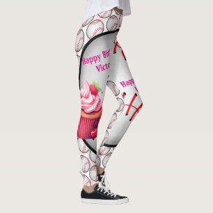 Pink Cupcake Baseball Sports Birthday Leggings