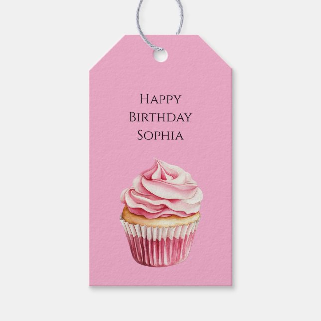 Pink Cupcake Birthday Gift Tags (Front)