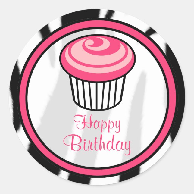 Pink Cupcake Birthday Sticker - Black Zebra Print (Front)