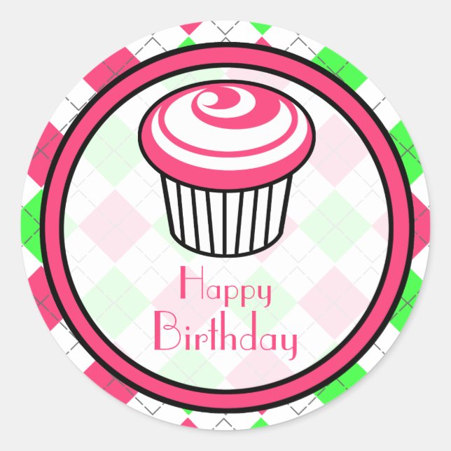Pink Cupcake Birthday Sticker- Pink & Green Argyle Classic Round Sticker (Front)
