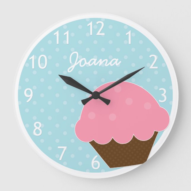 Pink Cupcake Blue Polka Dot Personalized Name Large Clock (Front)