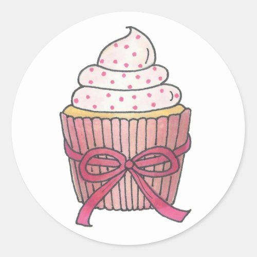 Pink Cupcake Bow Sprinkles Baby Bridal Shower Classic Round Sticker