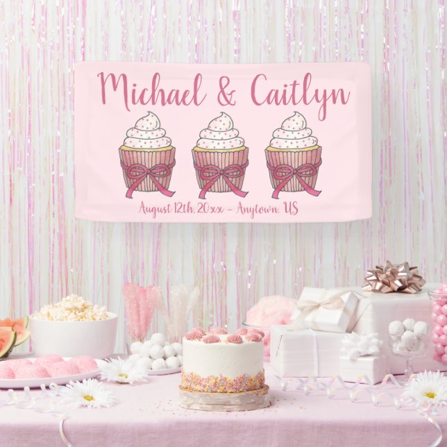 Pink Cupcake Bow Sprinkles Wedding Bridal Shower Banner (Party)