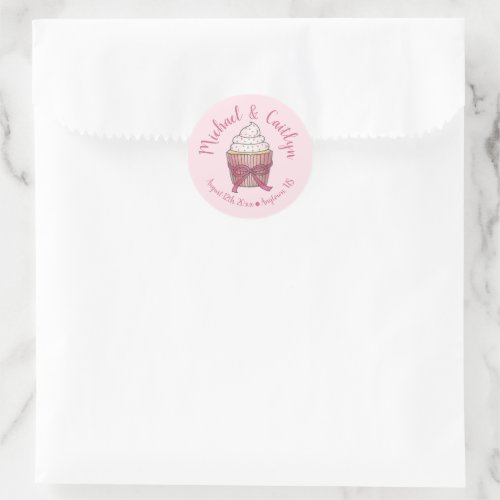 Pink Cupcake Bow Sprinkles Wedding Bridal Shower Classic Round Sticker