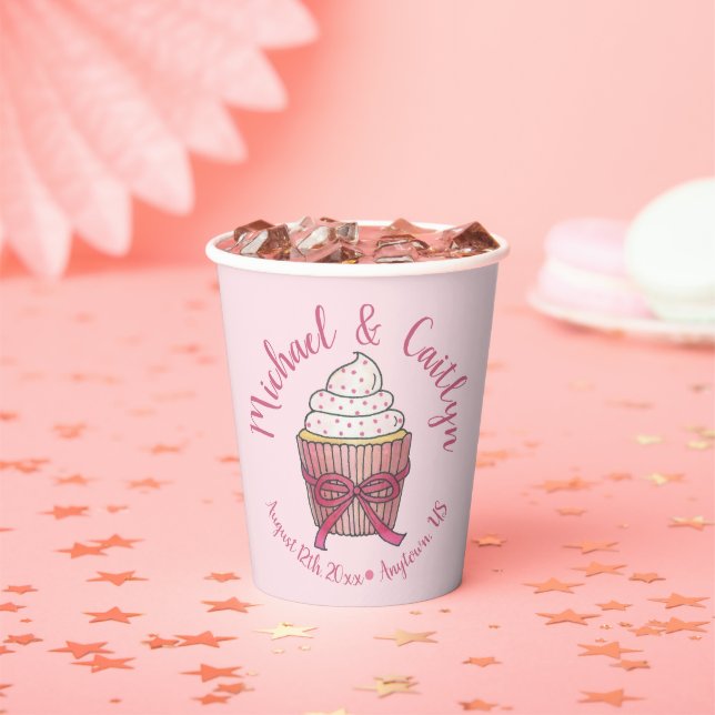 Pink Cupcake Bow Sprinkles Wedding Bridal Shower Paper Cups (Insitu)