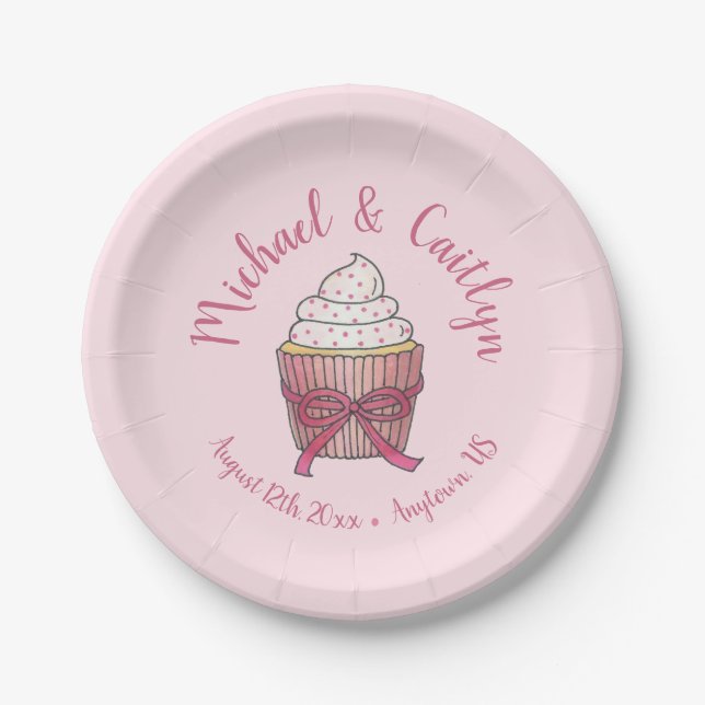 Pink Cupcake Bow Sprinkles Wedding Bridal Shower Paper Plates (Front)