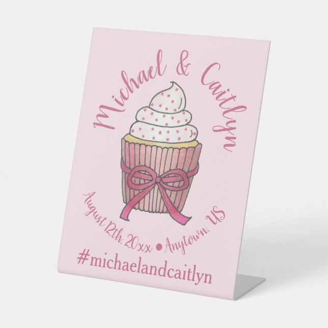 Pink Cupcake Bow Sprinkles Wedding Bridal Shower Pedestal Sign (Front)