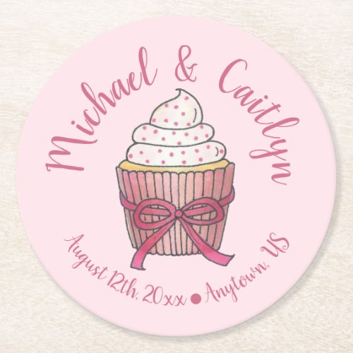 Pink Cupcake Bow Sprinkles Wedding Bridal Shower Round Paper Coaster