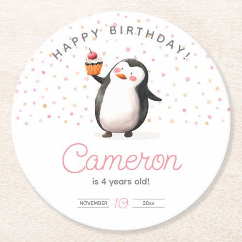 Pink cupcake celebration penguin girls birthday round paper coaster