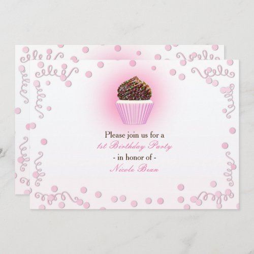 Pink Cupcake Confetti Birthday Party Invitations