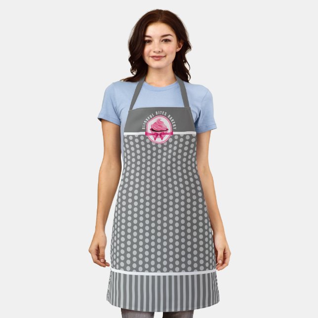 Pink Cupcake Curved Text Grey Polka Dot Bakery Apr Apron (Worn)
