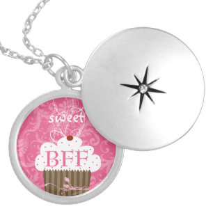 Pink Cupcake Cute Cat BSF BEST Sister Friend Locket Necklace
