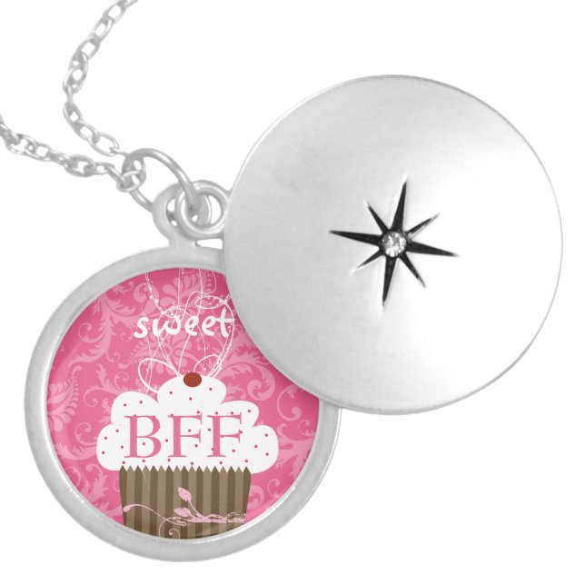 Pink Cupcake Cute Cat BSF BEST Sister Friend Locket Necklace (Front)