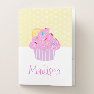 Pink cupcake cute girly hearts yellow school sweet pocket folder