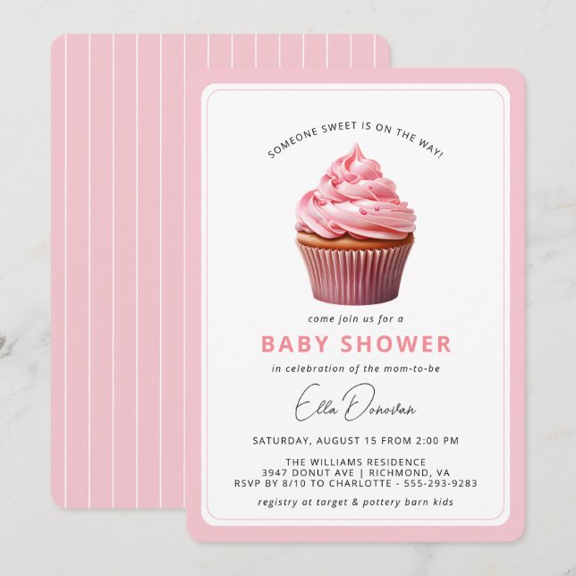 Pink Cupcake Cute Pastel Dessert Girl Baby Shower Invitation (Front/Back)